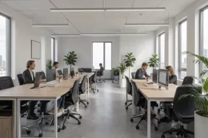 KI-gestützte Büroplanung: moderner Open-Space-Grundriss