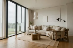 Fotorealistisches modernes Wohnzimmer als KI-Rendering