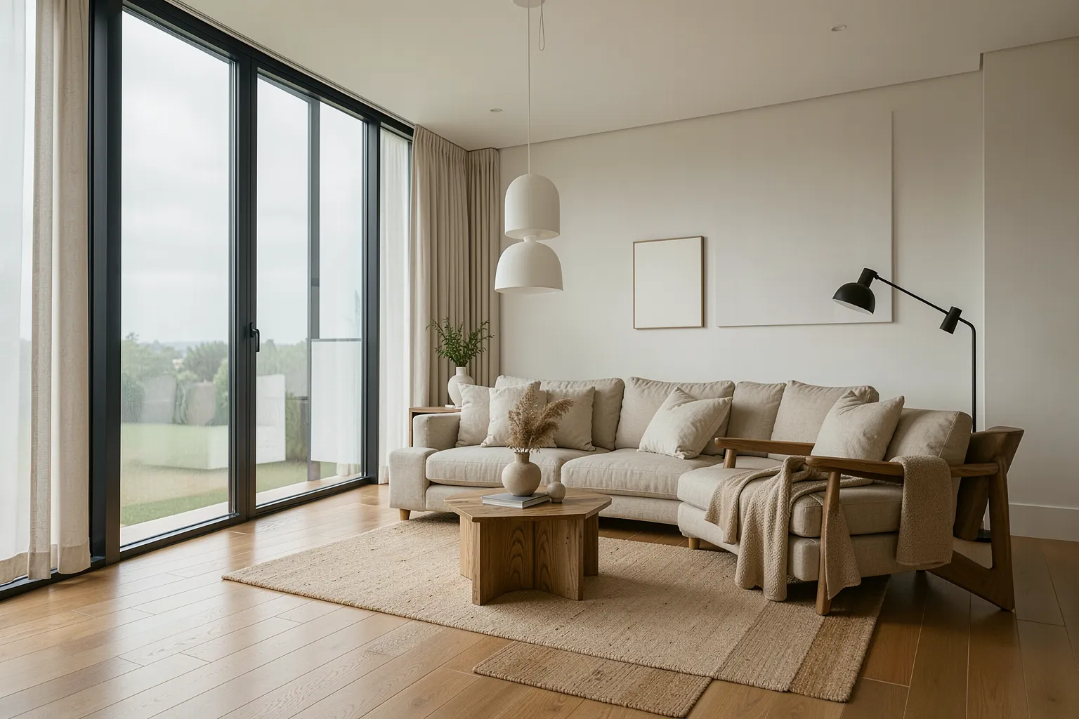 Fotorealistisches modernes Wohnzimmer als KI-Rendering