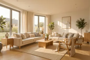 Modernes Wohnzimmer wird per KI fotorealistisch eingerichtet – professionelles Virtual Staging