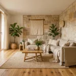 Modernes nachhaltiges Wohnzimmer mit Recyclingholz, Naturstein und natürlichen Materialien