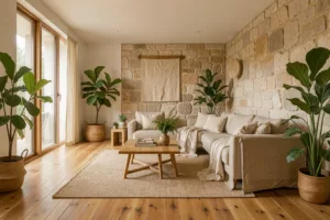 Modernes nachhaltiges Wohnzimmer mit Recyclingholz, Naturstein und natürlichen Materialien