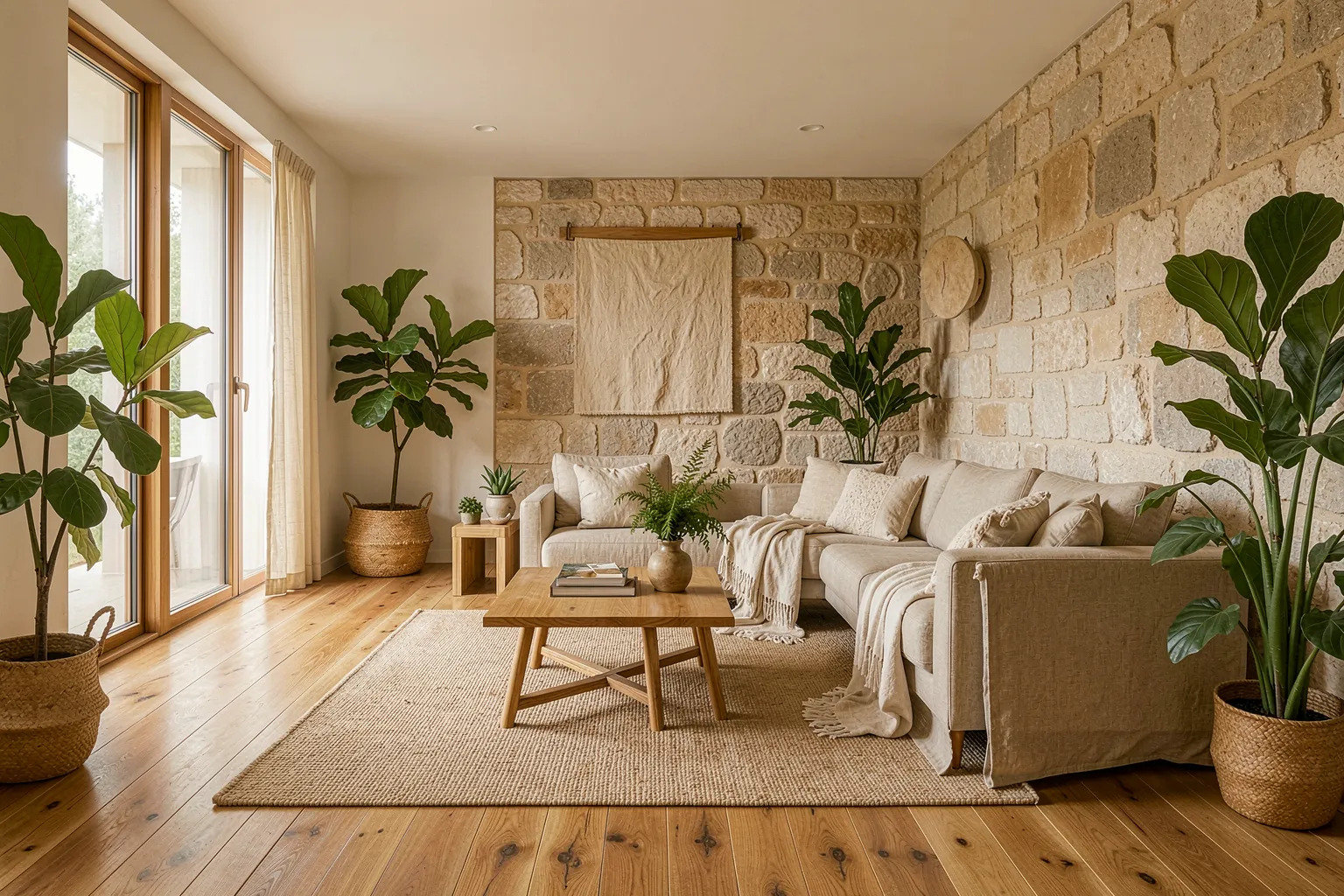 Modernes nachhaltiges Wohnzimmer mit Recyclingholz, Naturstein und natürlichen Materialien
