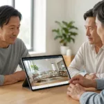 Innenarchitektin zeigt einem Kunden ein live gerendertes Wohnzimmer auf dem Tablet