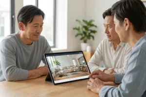 Innenarchitektin zeigt einem Kunden ein live gerendertes Wohnzimmer auf dem Tablet