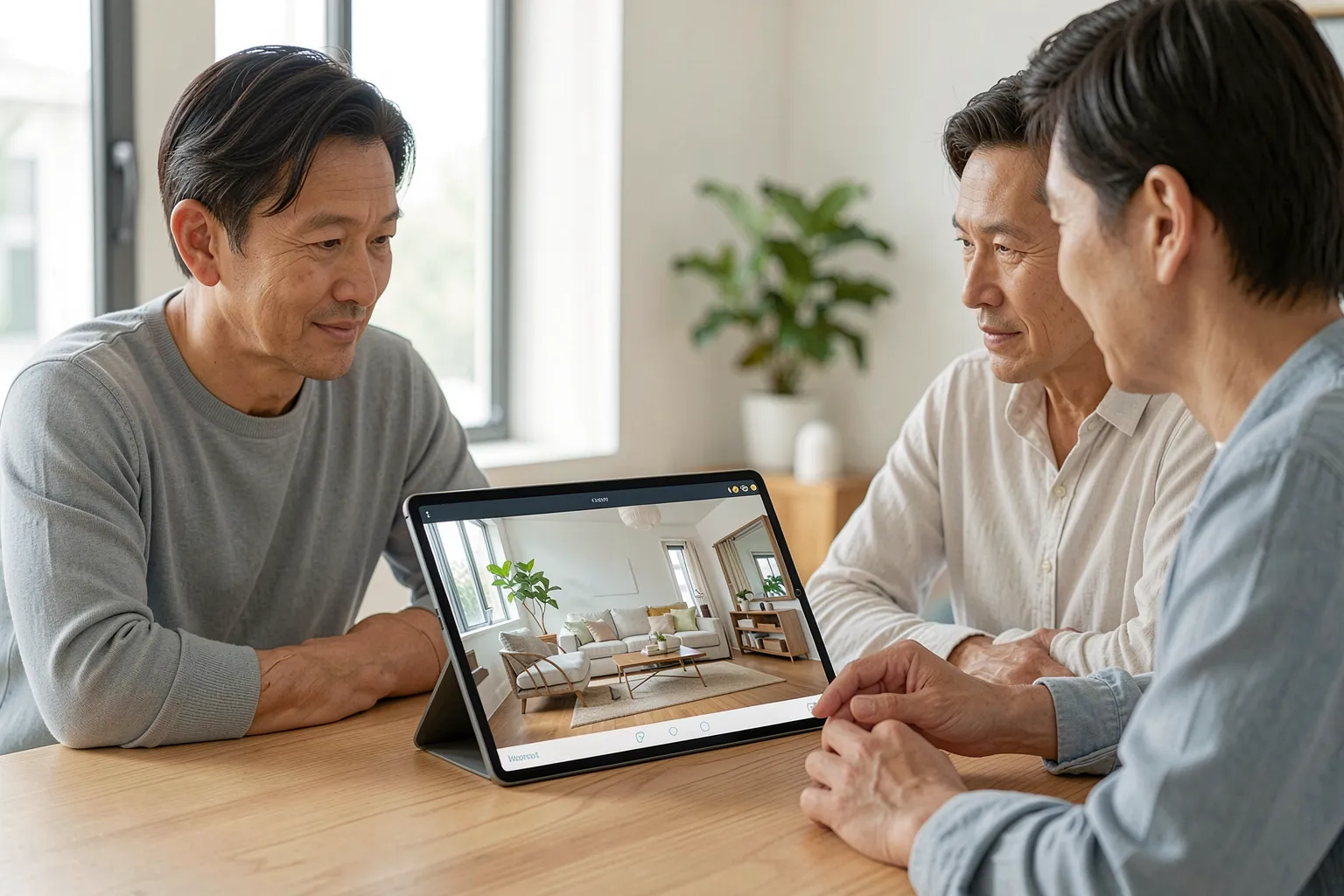 Innenarchitektin zeigt einem Kunden ein live gerendertes Wohnzimmer auf dem Tablet