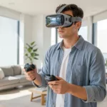 Person mit VR-Brille erkundet einen virtuellen modernen Wohnraum