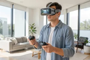 Person mit VR-Brille erkundet einen virtuellen modernen Wohnraum