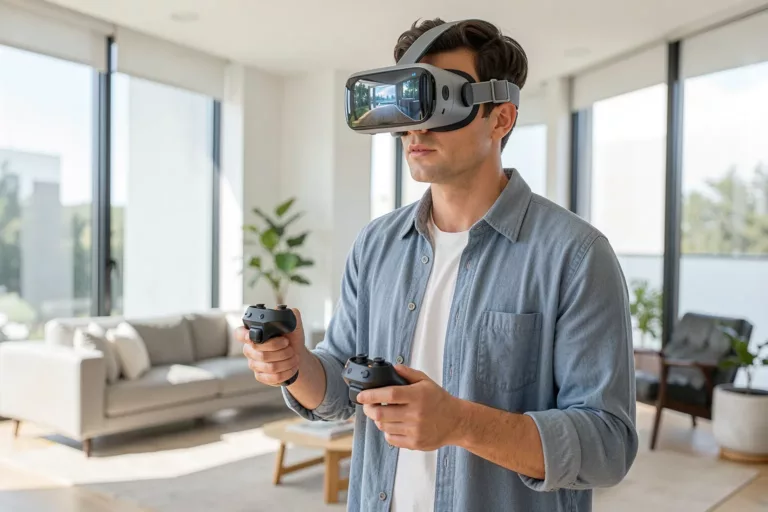 Person mit VR-Brille erkundet einen virtuellen modernen Wohnraum