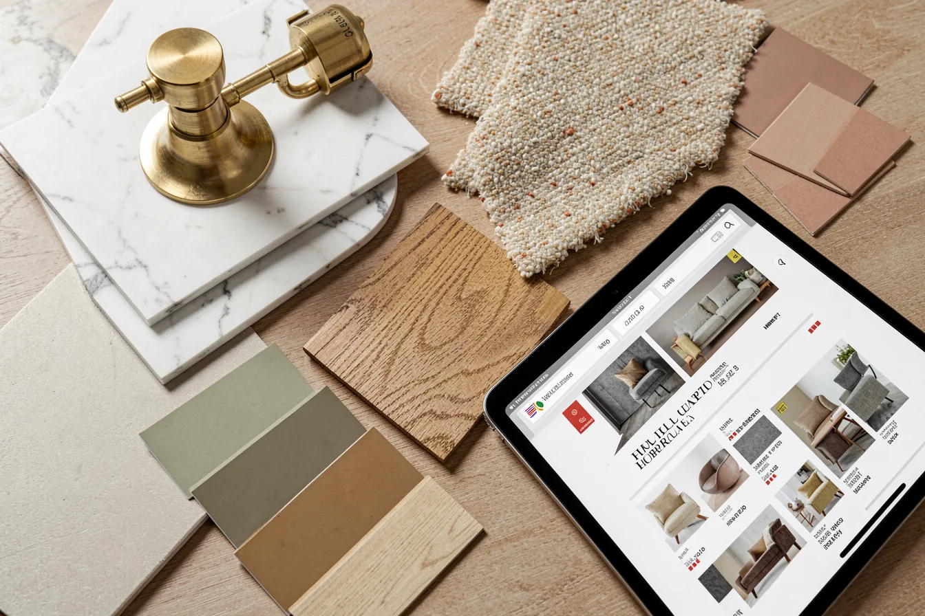 Materialmuster und Produktkatalog auf einem Tisch im Interior-Design-Studio