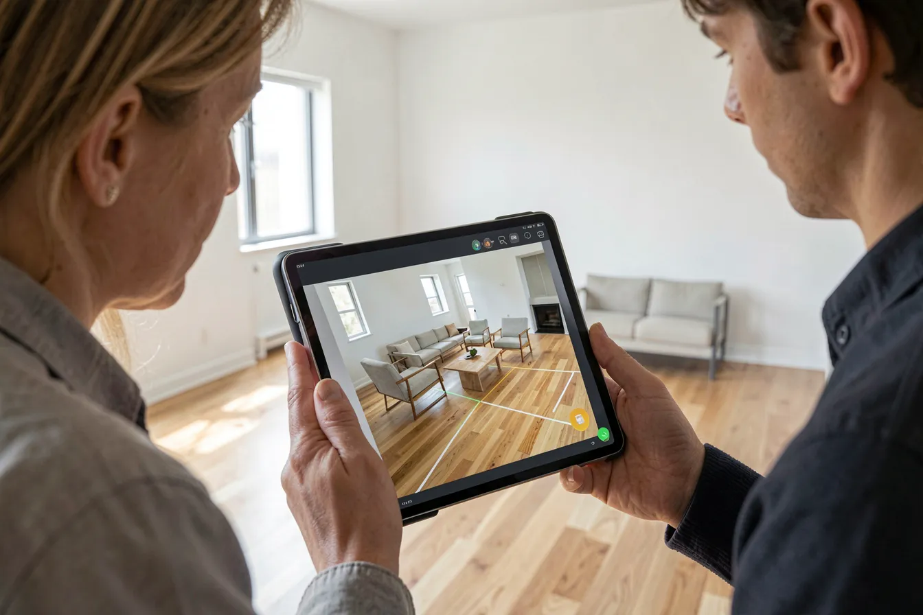 Innenarchitekt und Kunde betrachten eine Augmented-Reality-Ansicht von Mobiliar auf einem Tablet in einem leeren modernen Raum