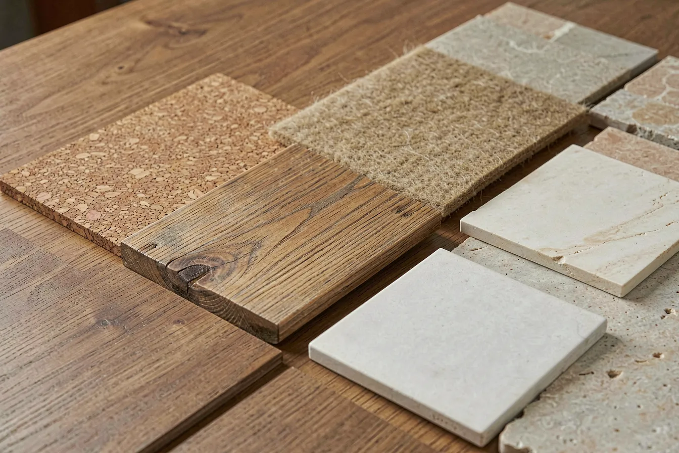 Nachhaltige Innenraum-Materialien: Kork, Eichenholz, Wollfilz und Naturstein als Materialpalette
