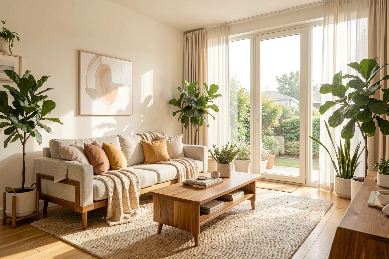 Modern eingerichtetes Wohnzimmer für die Immobilienvermarktung