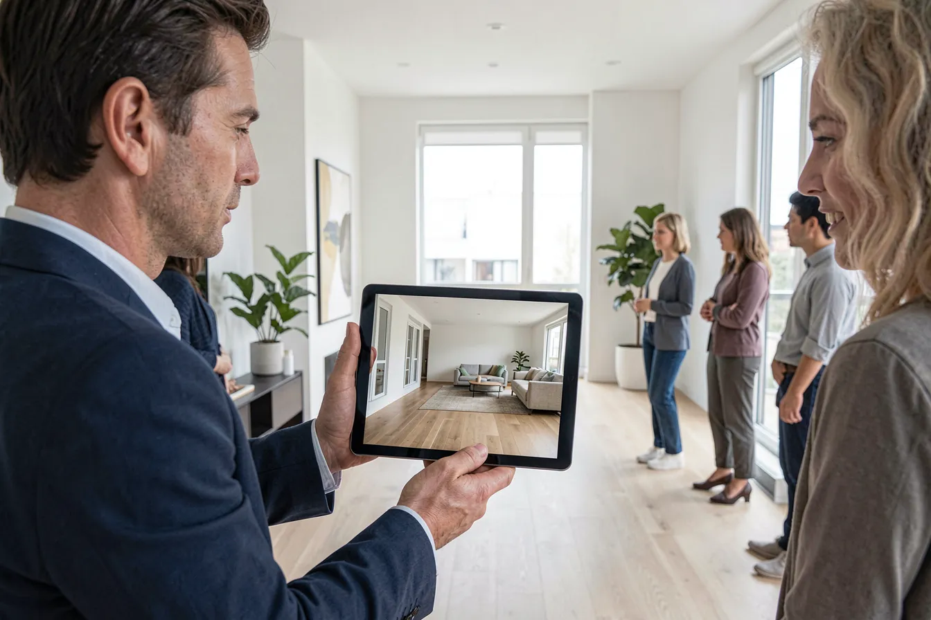 Maklerin zeigt bei einer Besichtigung eine virtuell eingerichtete Version der leeren Wohnung auf dem Tablet