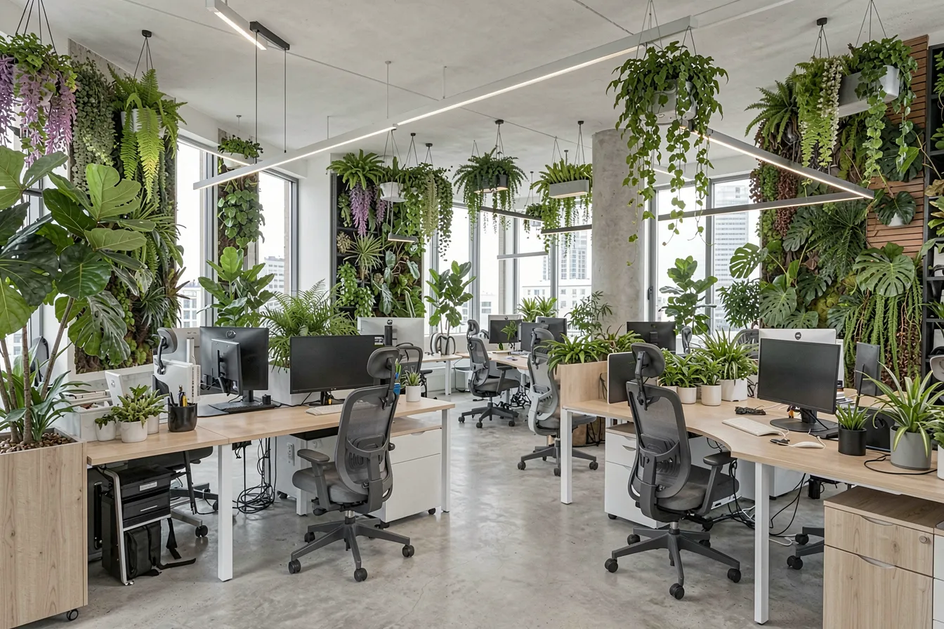 Moderner Smart-Office-Innenraum mit biophilem Design und ergonomischen Arbeitsplätzen