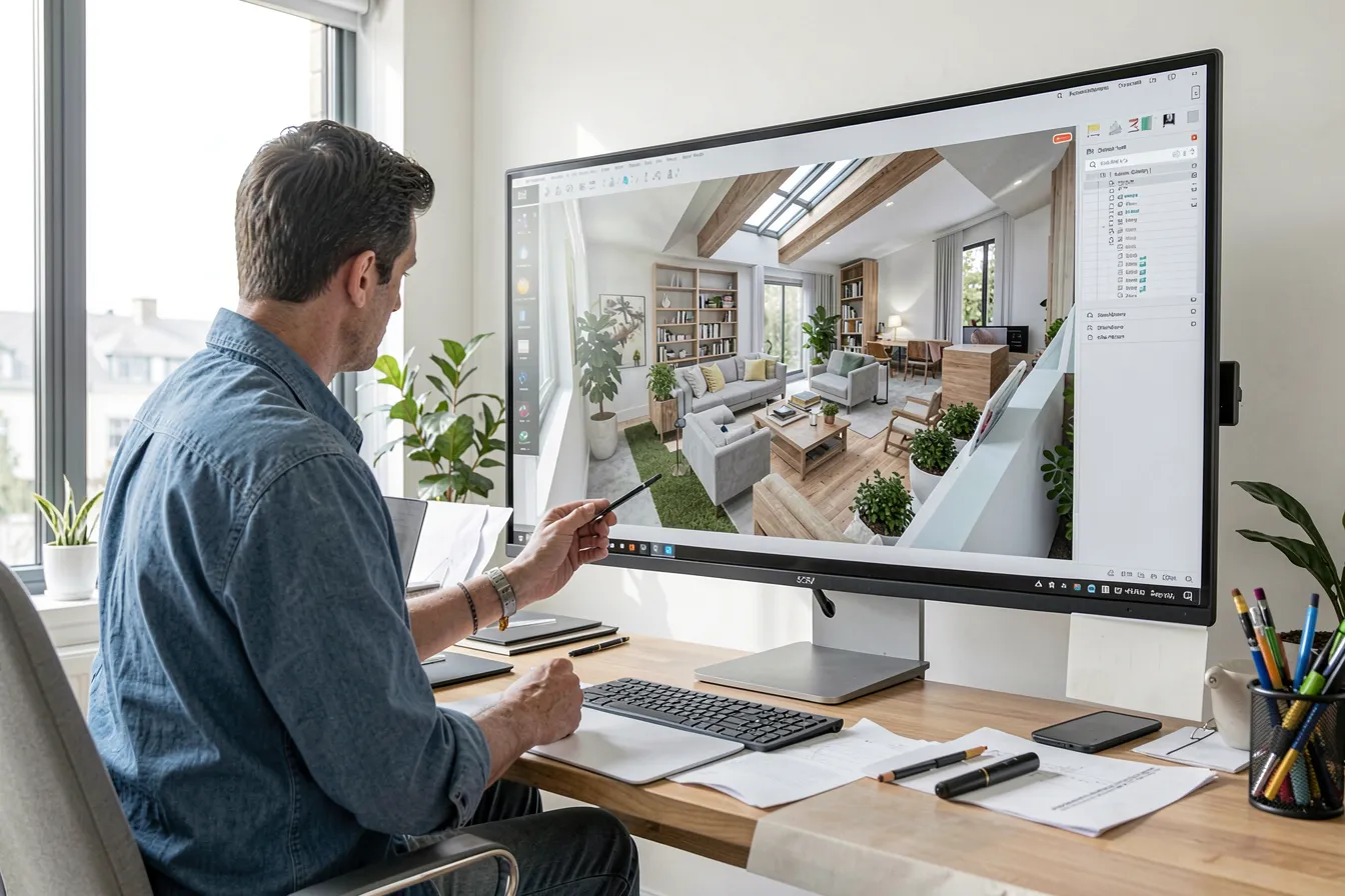 Innenarchitekt prueft einen fotorealistischen digitalen Zwilling einer Wohnung am Monitor