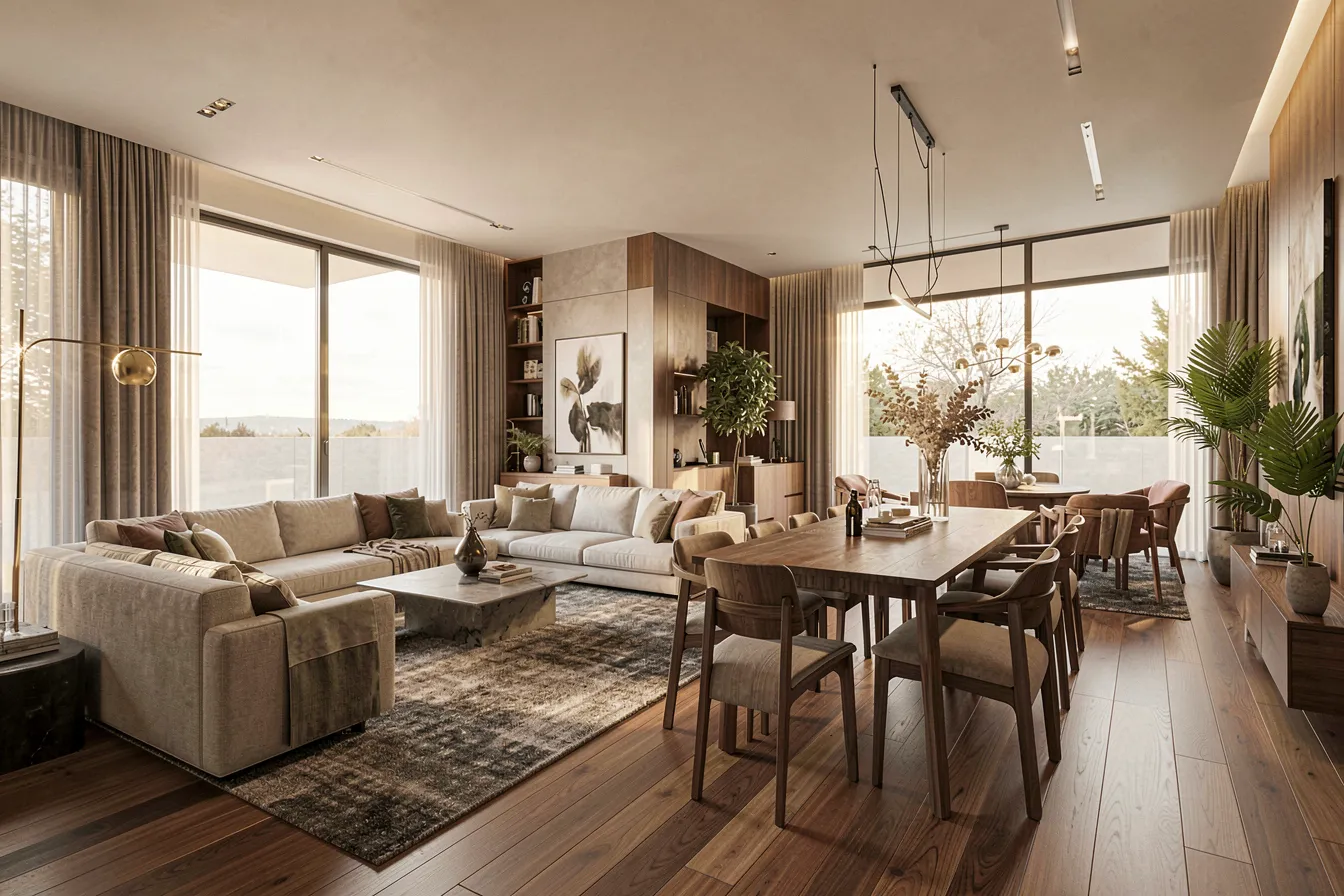 Fotorealistische Architekturvisualisierung eines vollständig eingerichteten modernen offenen Wohn- und Essbereichs