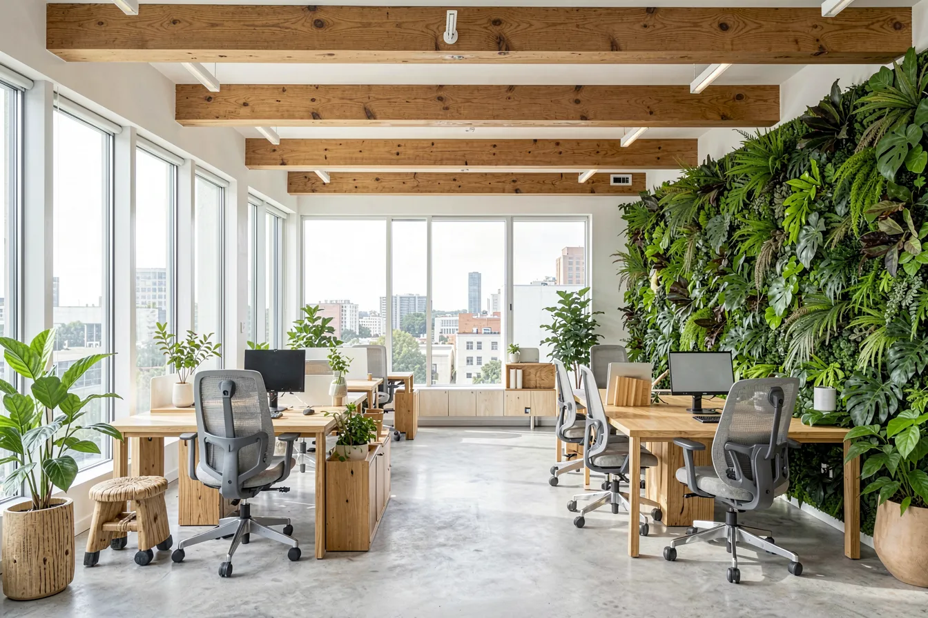Modernes nachhaltiges Bürointerieur mit Holzdecke, begrünter Wand und natürlichen Materialien