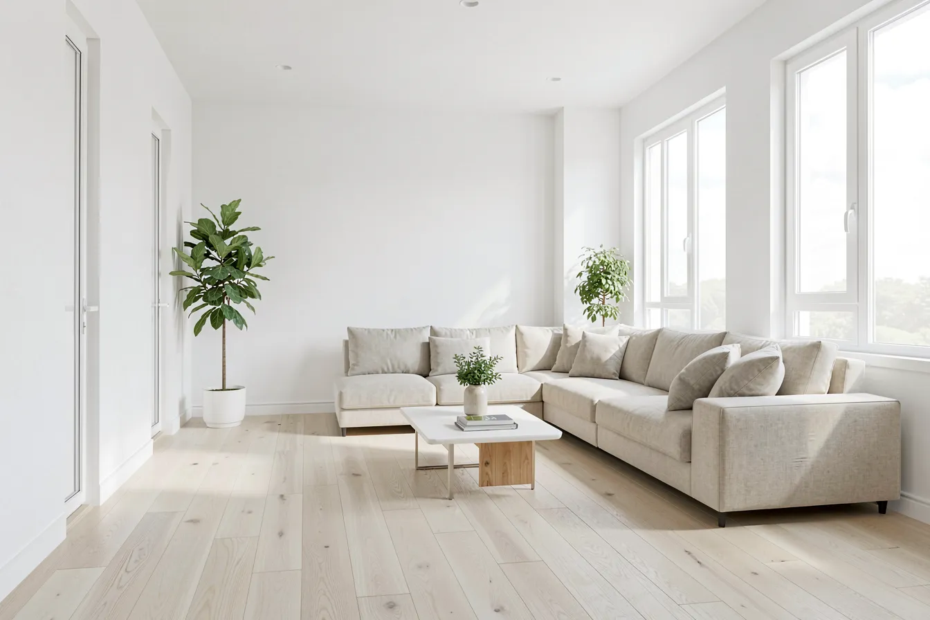 Ausgangsbild: helles minimalistisches Wohnzimmer bei Tageslicht