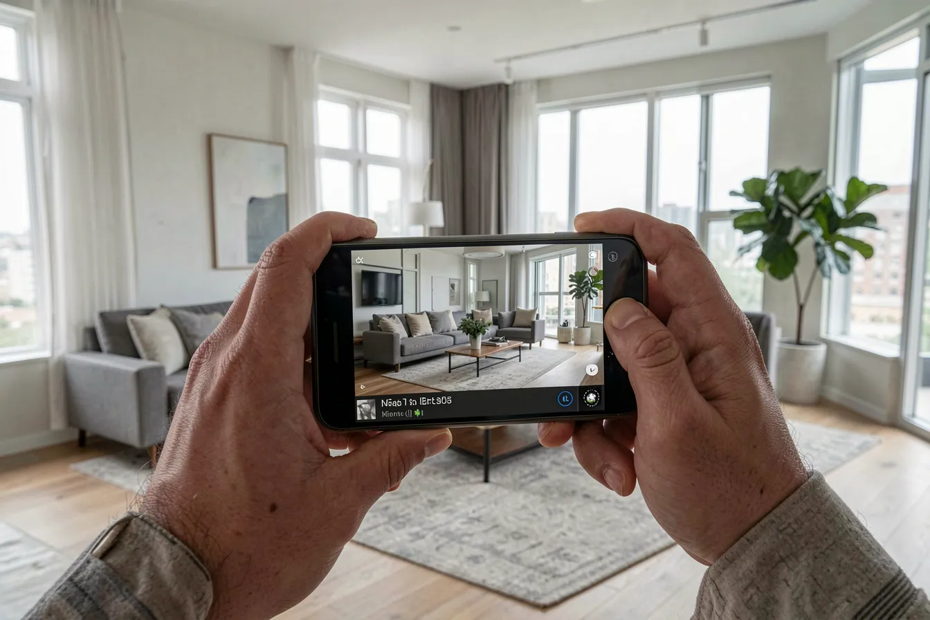 Person erfasst einen Innenraum mit dem Smartphone für einen 3D-Rundgang