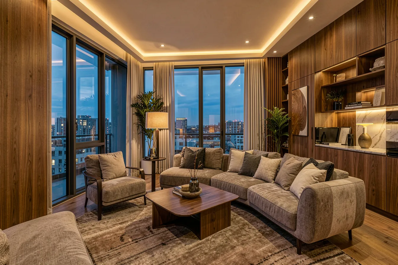 Modernes Apartment-Interieur als begehbarer 3D-Raum visualisiert