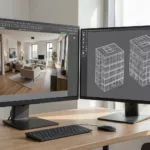Architekt vergleicht KI-Rendering und BIM-Modell am Doppelmonitor