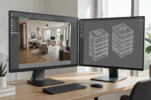 Architekt vergleicht KI-Rendering und BIM-Modell am Doppelmonitor