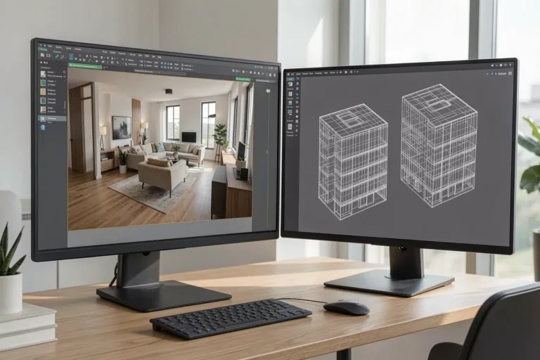 Architekt vergleicht KI-Rendering und BIM-Modell am Doppelmonitor