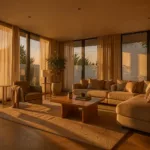 Modernes Wohnzimmer im warmen Abendlicht, KI-Lichtstudie