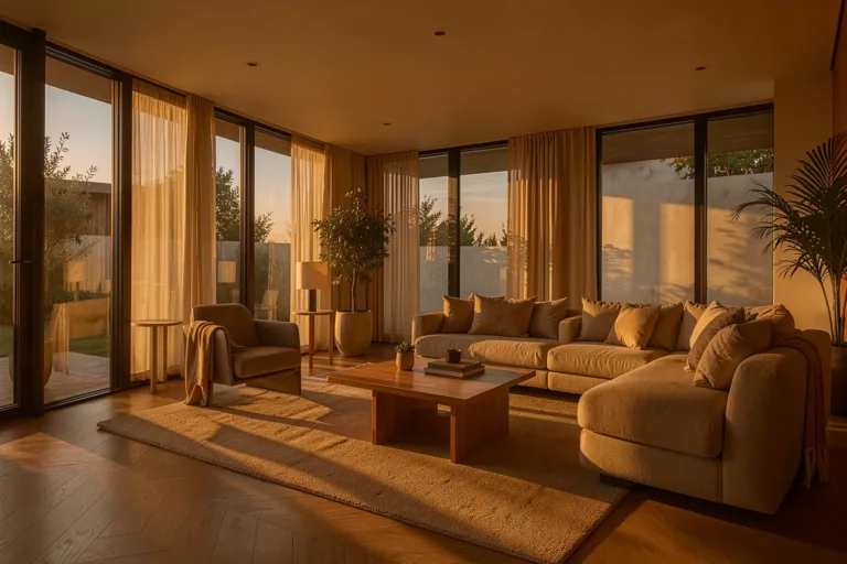 Modernes Wohnzimmer im warmen Abendlicht, KI-Lichtstudie