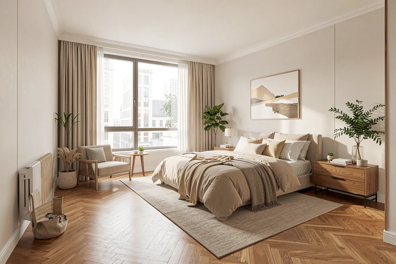 Leere Wohnung KI-visualisiert und in modernem Stil möbliert