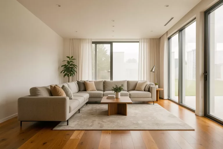Moderne helle Wohnzimmer-Kamerafahrt als KI-Raumvideo