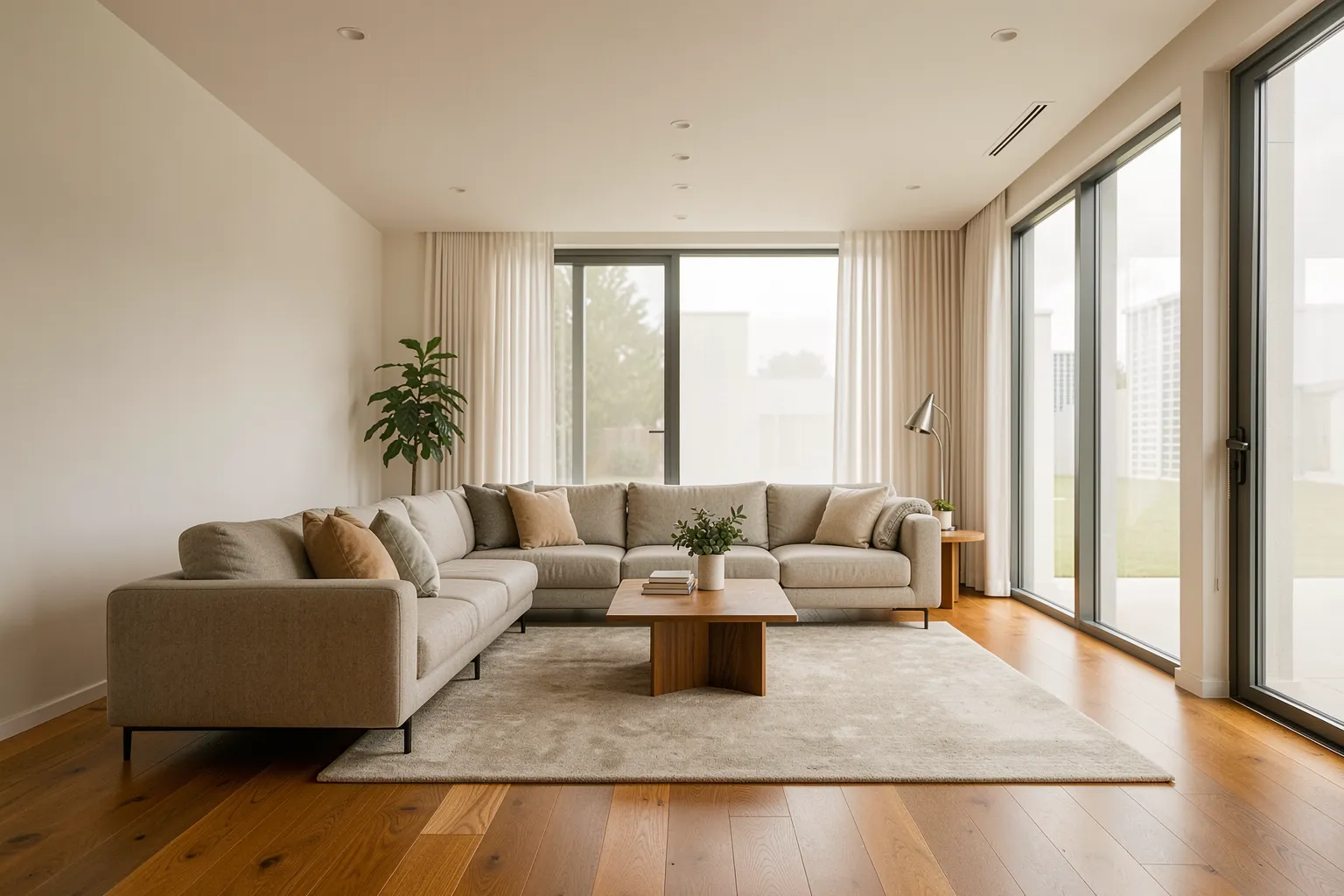Moderne helle Wohnzimmer-Kamerafahrt als KI-Raumvideo