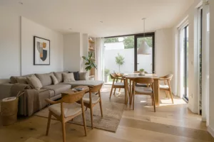 Modernes offenes Wohn- und Esszimmer mit Eichenboden in konsistenter KI-Visualisierung