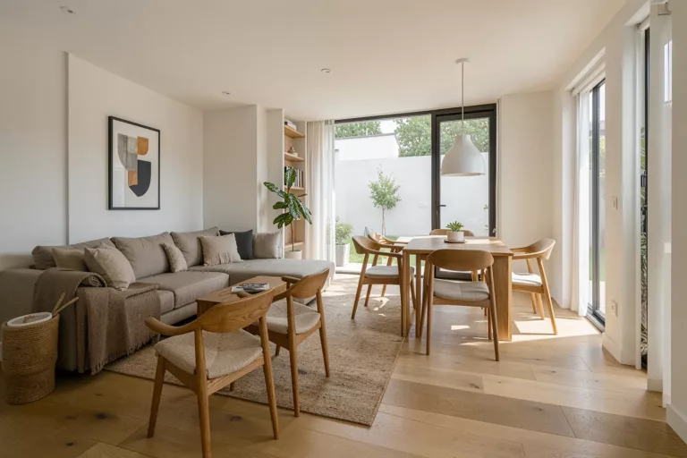 Modernes offenes Wohn- und Esszimmer mit Eichenboden in konsistenter KI-Visualisierung