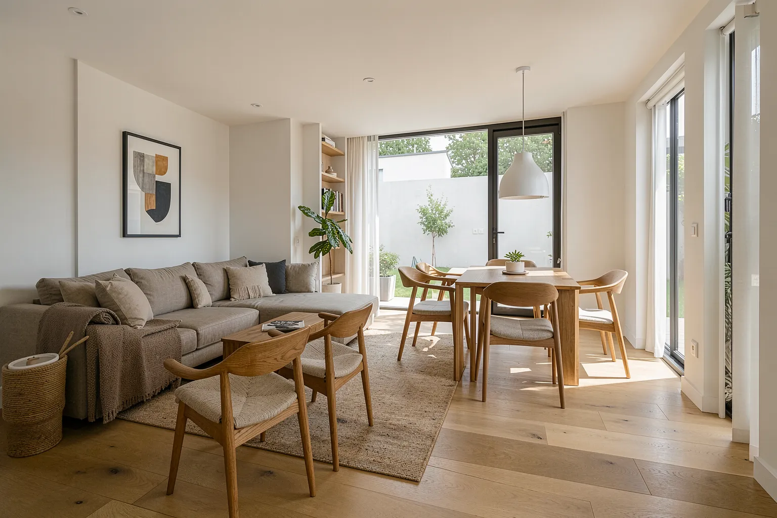 Modernes offenes Wohn- und Esszimmer mit Eichenboden in konsistenter KI-Visualisierung