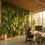Biophiles Büro mit Pflanzenwand und Tageslicht
