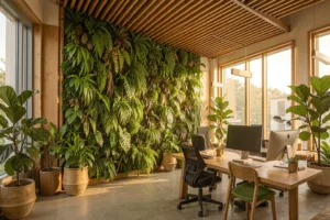 Biophiles Büro mit Pflanzenwand und Tageslicht