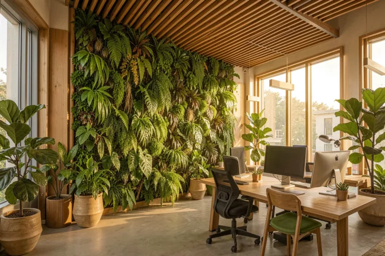Biophiles Büro mit Pflanzenwand und Tageslicht