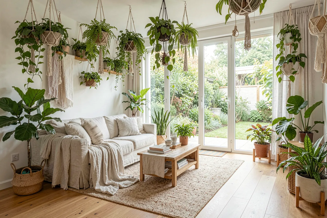 Biophiles Wohnzimmer mit Pflanzen und Tageslicht