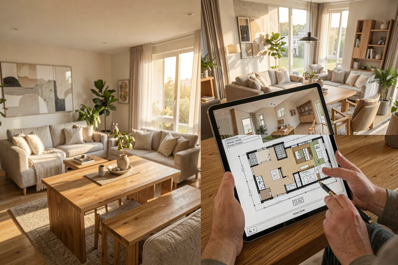Architekt vergleicht Grundriss und konsistente 3D-Raumansicht