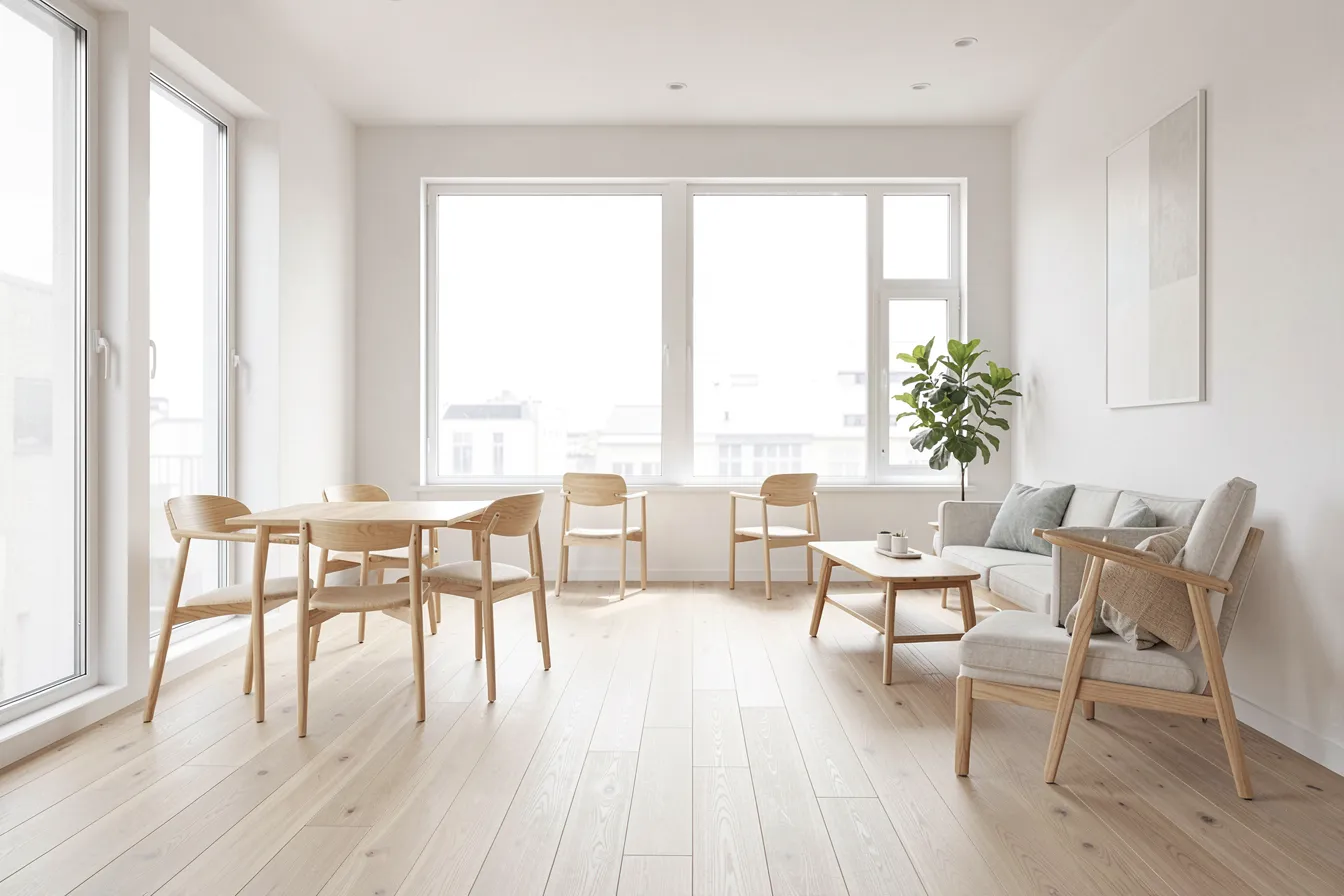 Virtuell möbliertes Apartment mit konsistenter Perspektive für Immobilienmarketing