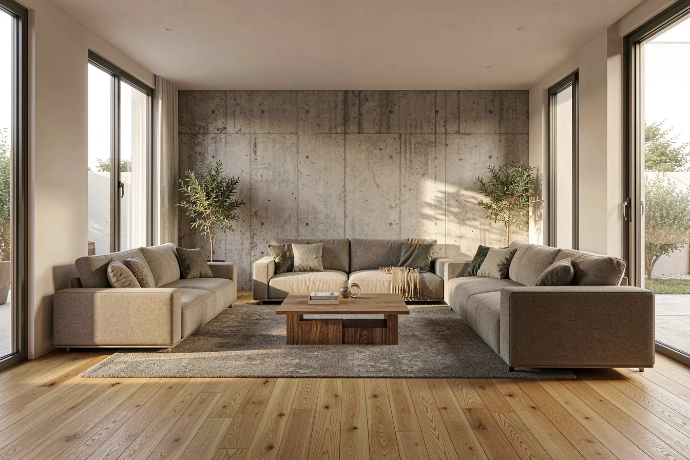 Modernes Wohnzimmer mit Eichenparkett und Sichtbeton als KI-generierte Materialien