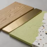 Kuratierte Materialpalette aus Holz, Messing, Putz und Terrazzo für KI-PBR-Texturen