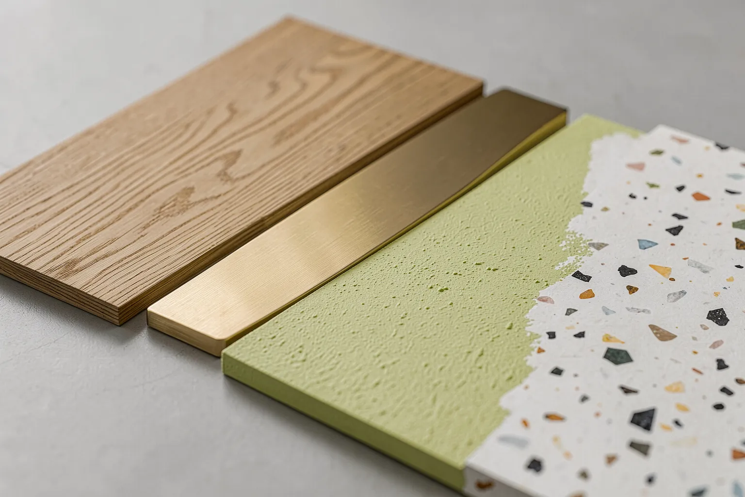 Kuratierte Materialpalette aus Holz, Messing, Putz und Terrazzo für KI-PBR-Texturen