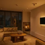 Modernes vernetztes Smart-Home-Wohnzimmer mit Abendlichtszene und automatisierten Rollos