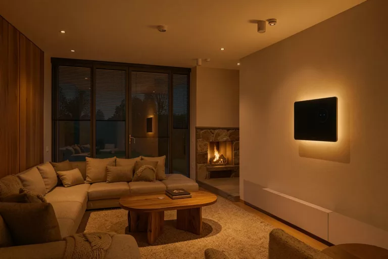 Modernes vernetztes Smart-Home-Wohnzimmer mit Abendlichtszene und automatisierten Rollos