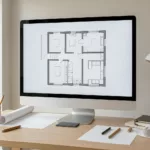 Architekturbüro mit Grundriss-Entwurf auf dem Bildschirm