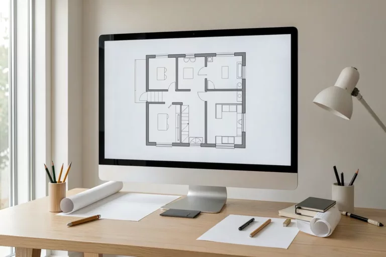Architekturbüro mit Grundriss-Entwurf auf dem Bildschirm
