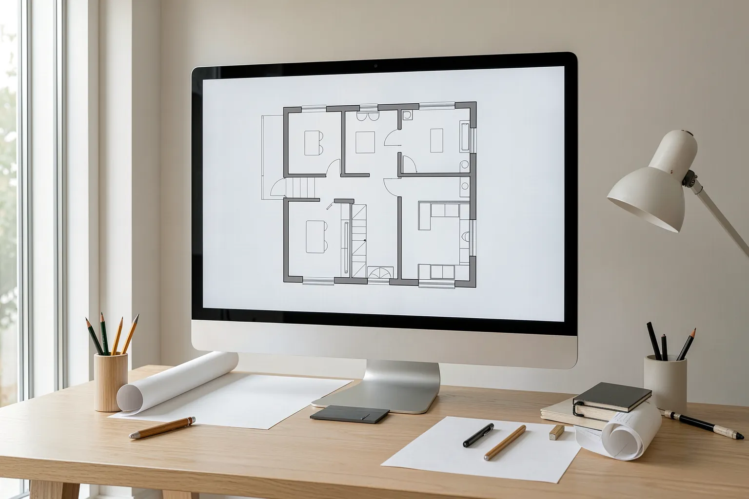 Architekturbüro mit Grundriss-Entwurf auf dem Bildschirm